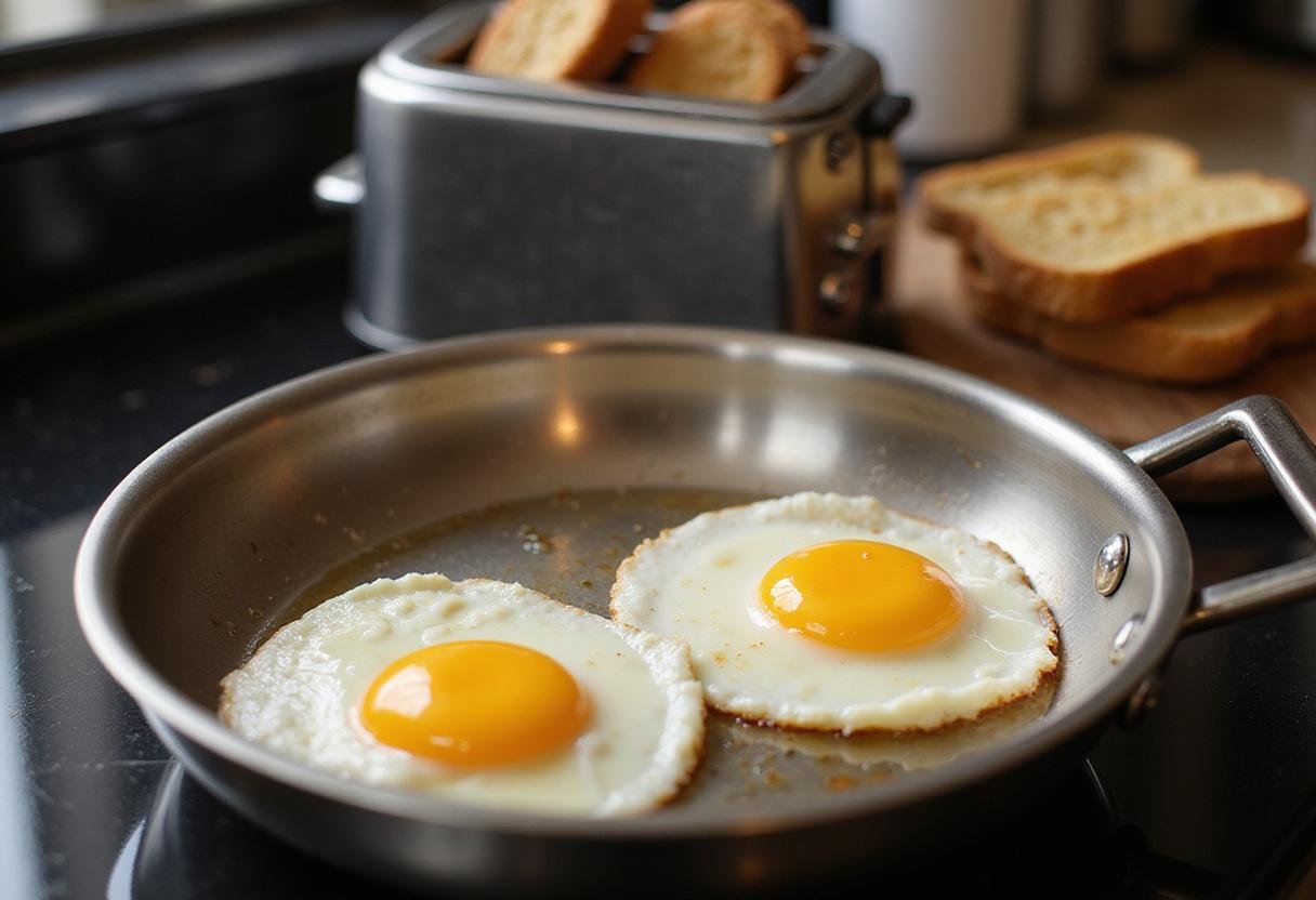 Fried eggs and toasting bread, essential ingredients for a delicious Modern Family Breakfast Sandwich, highlighting key cooking steps.