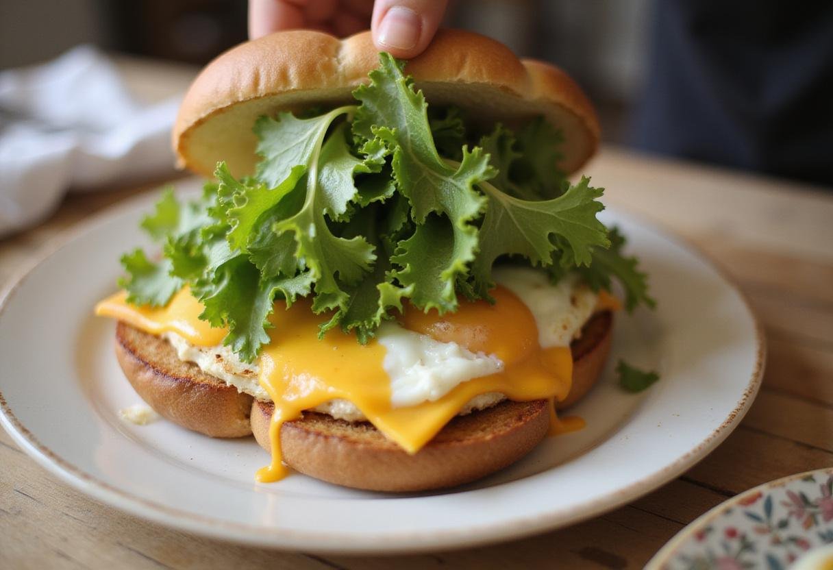 Close-up of a sandwich being assembled with lettuce and cheese, highlighting the fresh and hearty ingredients for a Modern Family Breakfast Sandwich.
