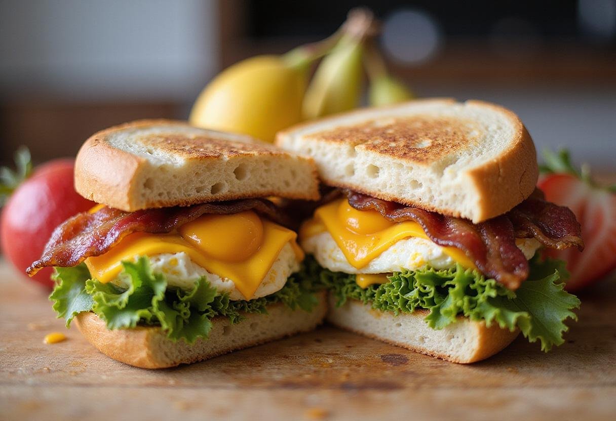 A deliciously layered Modern Family Breakfast Sandwich cut in half, displayed on a cutting board with fresh fruit, perfect for breakfast.