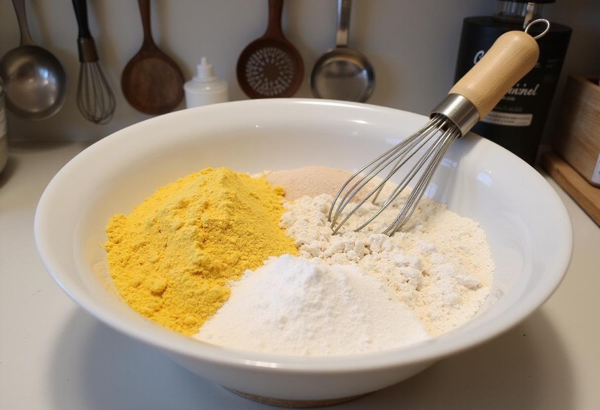 Mixing dry ingredients for Modern Family Cam's Cornbread, featuring cornmeal, flour, and baking powder.