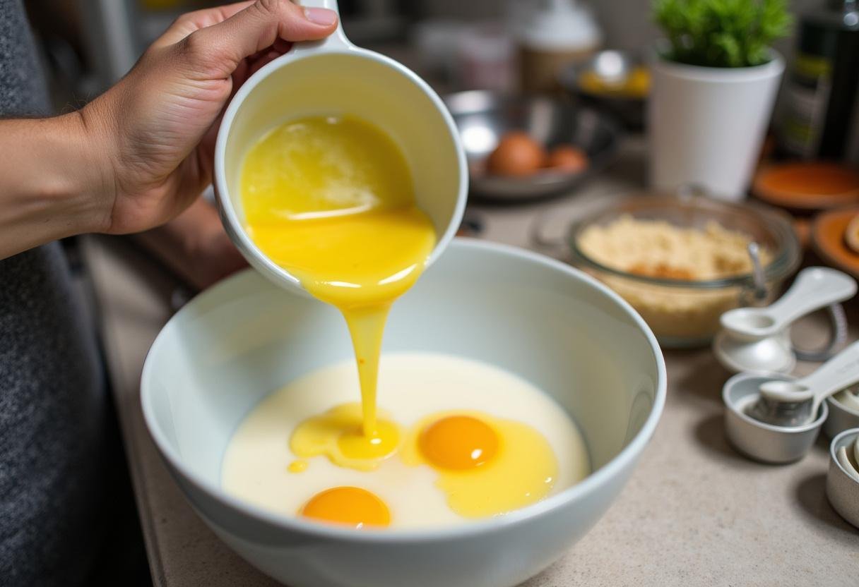 Combining wet ingredients for Modern Family Cam's Cornbread, showcasing butter, milk, and eggs for a delicious batter.