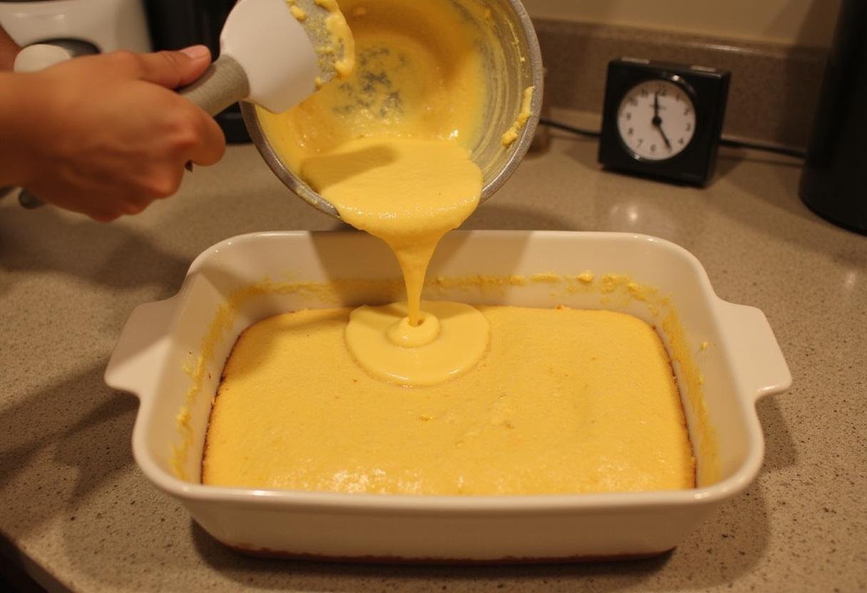 Pouring the batter for Modern Family Cam's Cornbread into a baking dish, ready for the oven for baking.