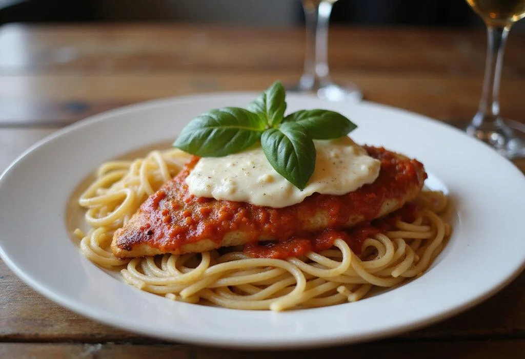 Final presentation of Modern Family Chicken Parmesan with pasta, garnished and served on a rustic table.