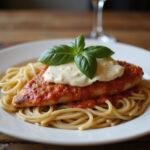 Final presentation of Modern Family Chicken Parmesan with pasta, garnished and served on a rustic table.