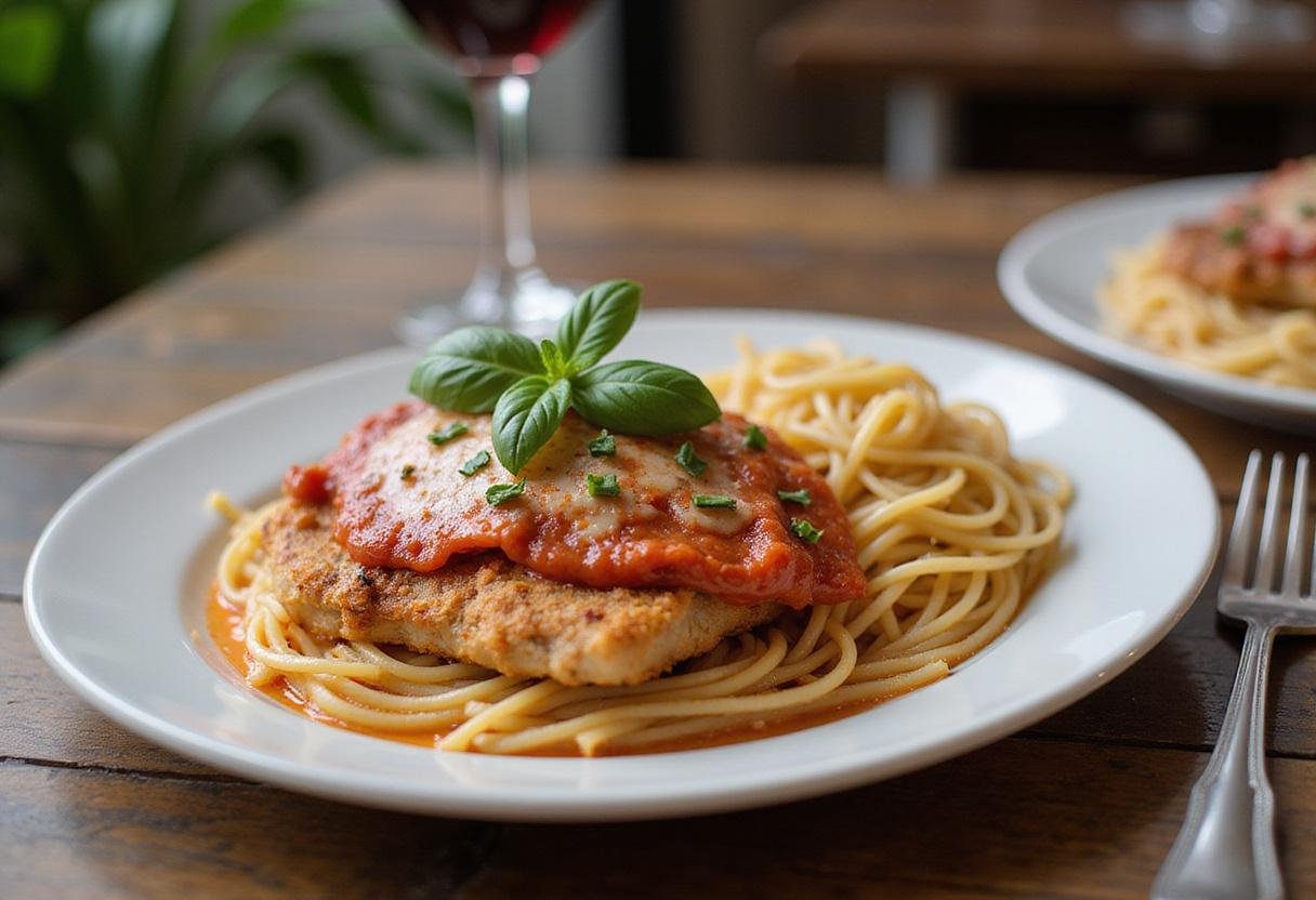 Final presentation of Modern Family Chicken Parmesan with pasta, garnished and served on a rustic table.