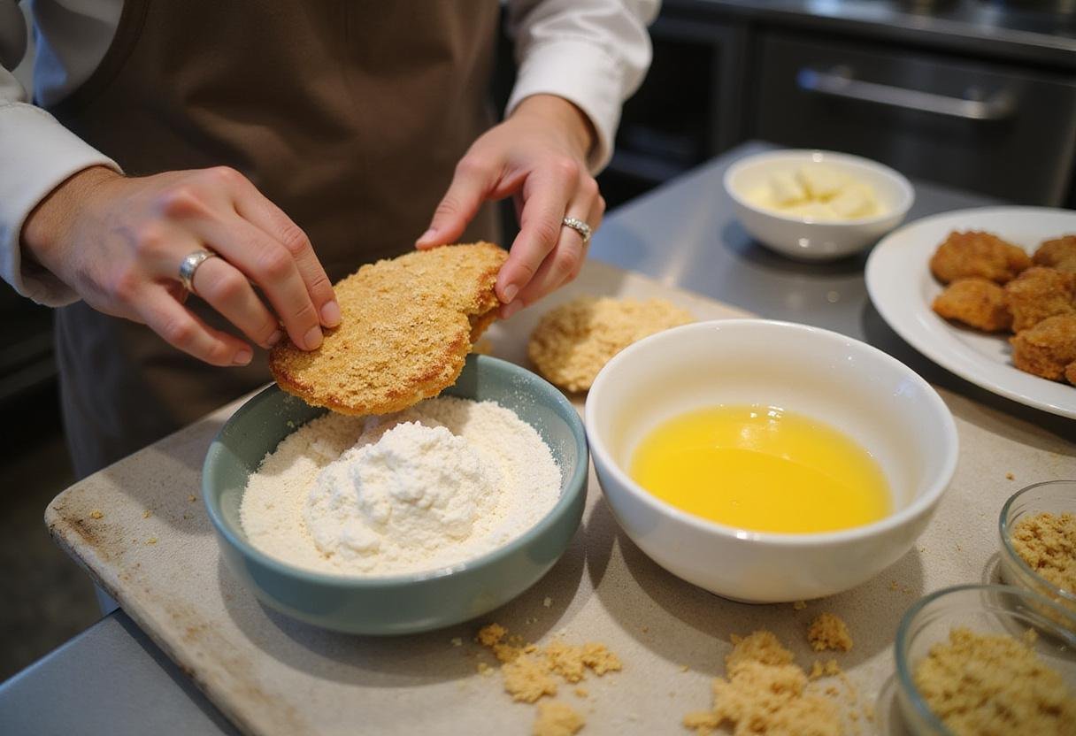 Breading chicken for Modern Family Chicken Parmesan with bowls of flour and eggs in a clean kitchen setting.