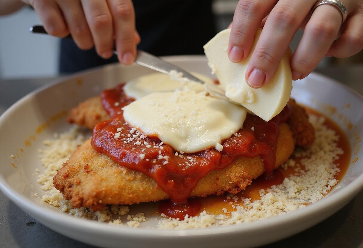 Assembling Modern Family Chicken Parmesan with marinara and cheese in an inviting kitchen atmosphere.