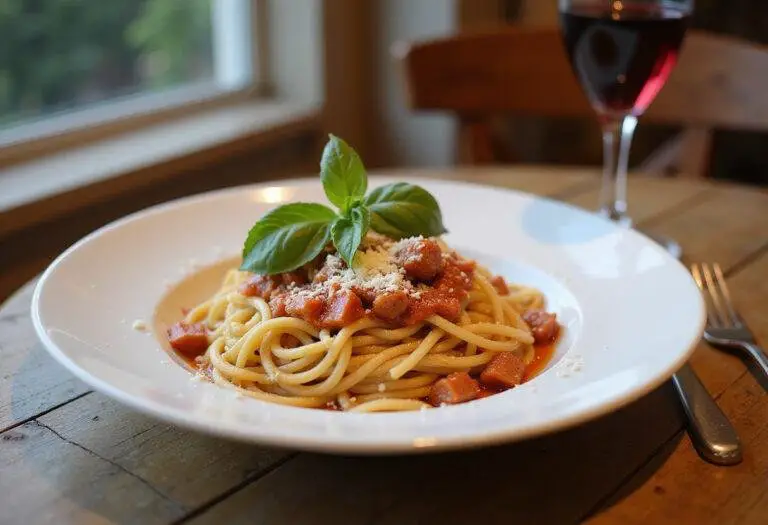 Final presentation of Modern Family Claire’s Spaghetti on a rustic table, showcasing the delicious garnished plate ready to be served.
