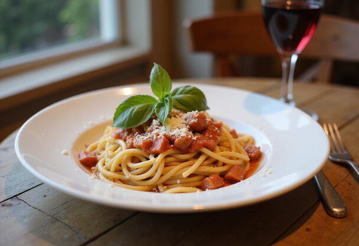 Final presentation of Modern Family Claire’s Spaghetti on a rustic table, showcasing the delicious garnished plate ready to be served.