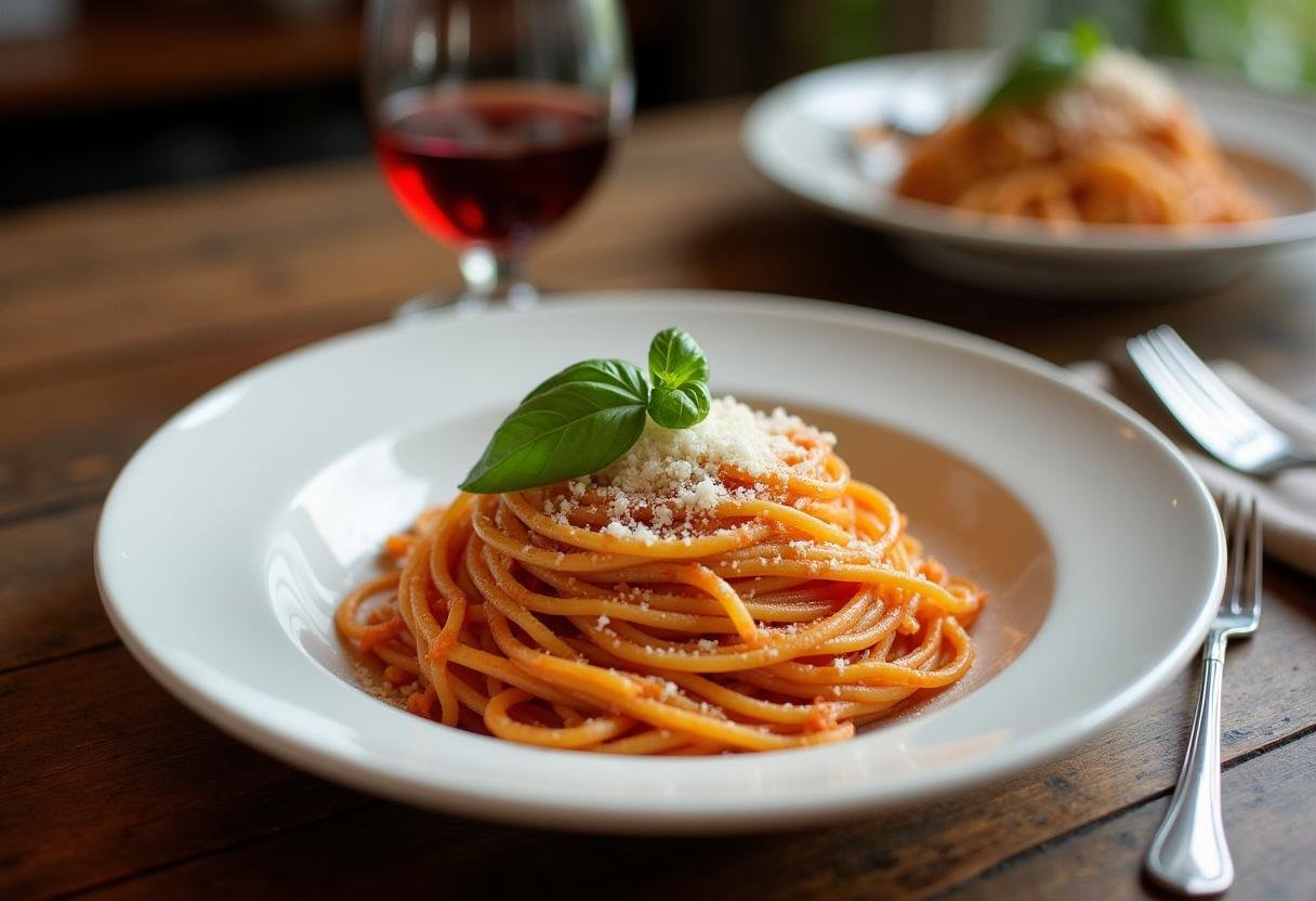 Final presentation of Modern Family Claire’s Spaghetti on a rustic table, showcasing the delicious garnished plate ready to be served.