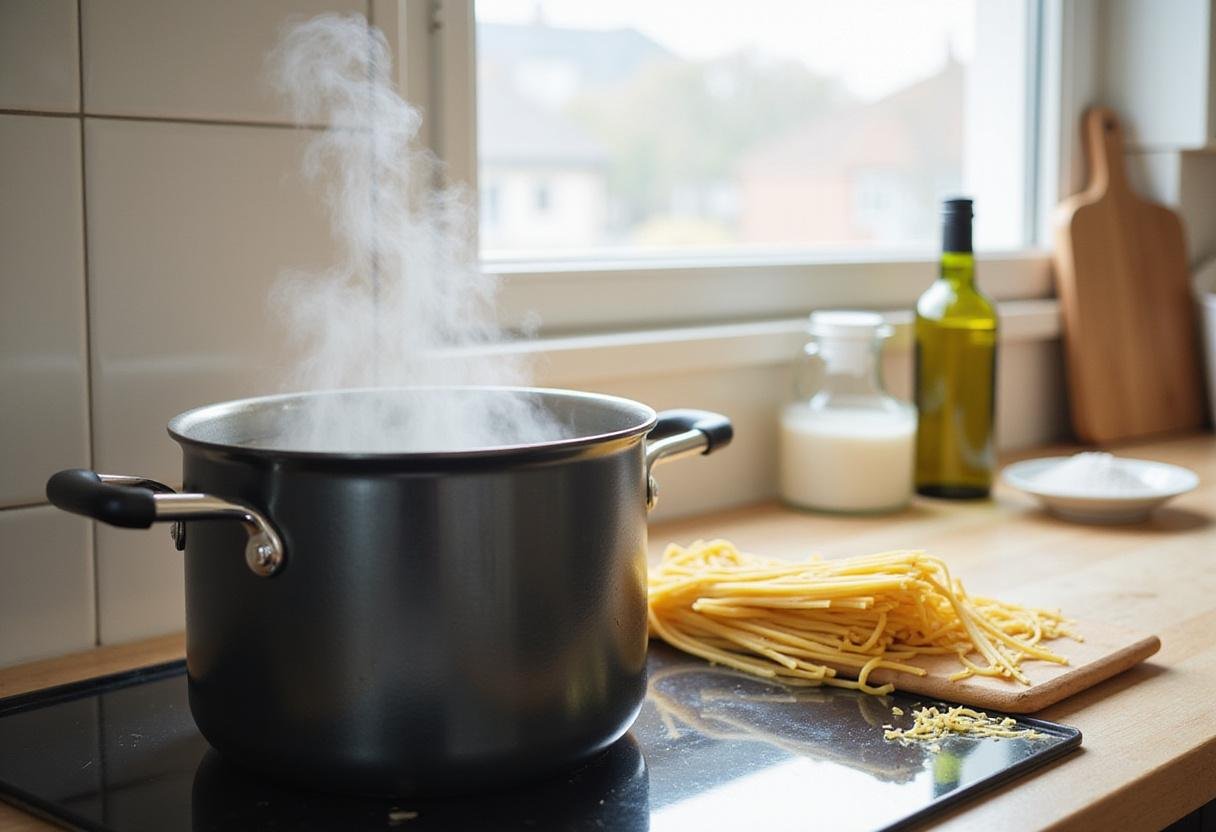 Preparing spaghetti for cooking in a bright kitchen, showcasing the boiling pot and fresh noodles for Modern Family Claire’s Spaghetti.