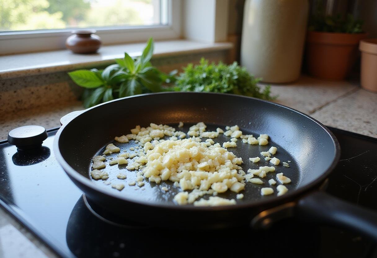 Sautéing garlic and onions for Modern Family Claire’s Spaghetti in a cozy kitchen, enhancing the flavors of the dish.