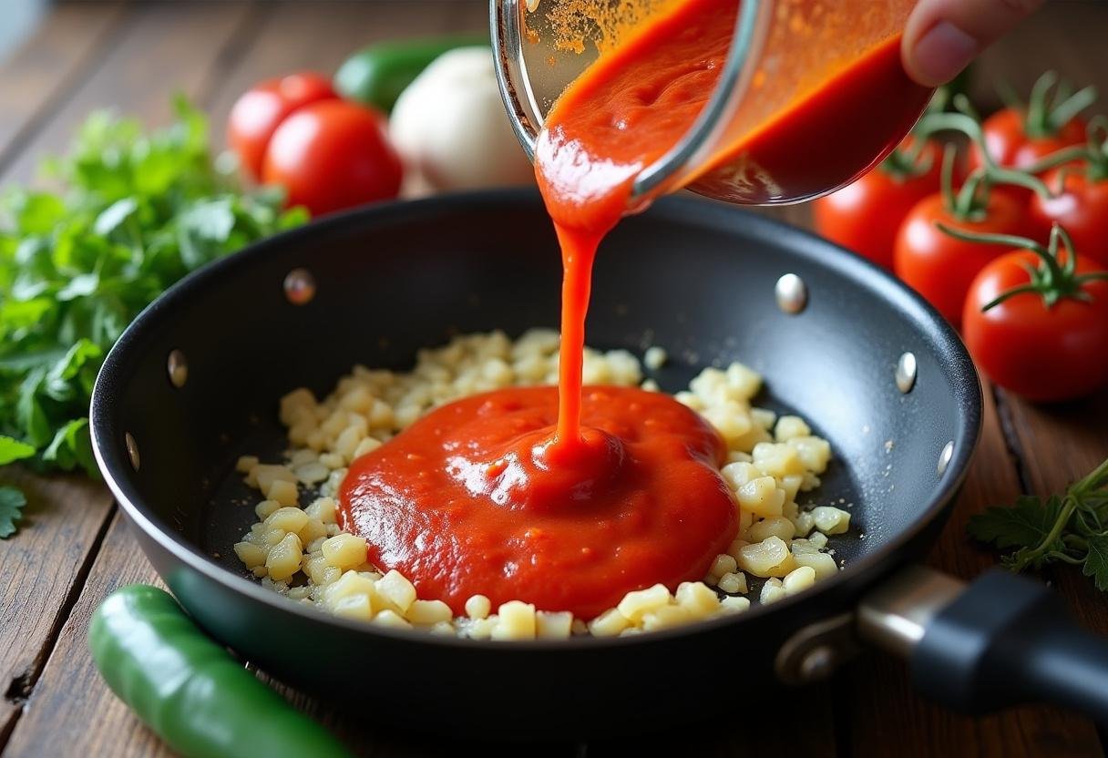 Adding tomato sauce to sautéed garlic and onions, creating a delicious base for Modern Family Claire’s Spaghetti in a vibrant kitchen.