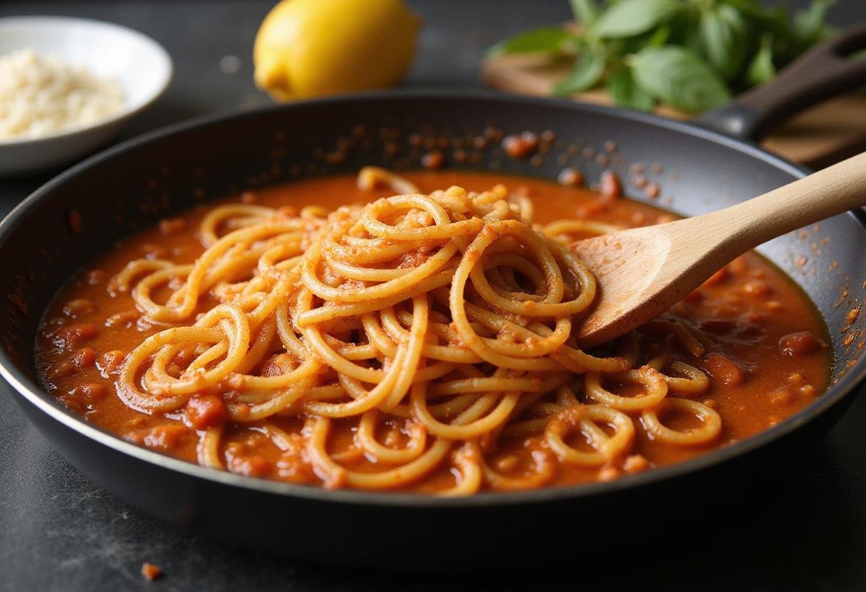 Tossing spaghetti in savory sauce for Modern Family Claire’s Spaghetti in a warm kitchen, highlighting the delicious blend of flavors and textures.