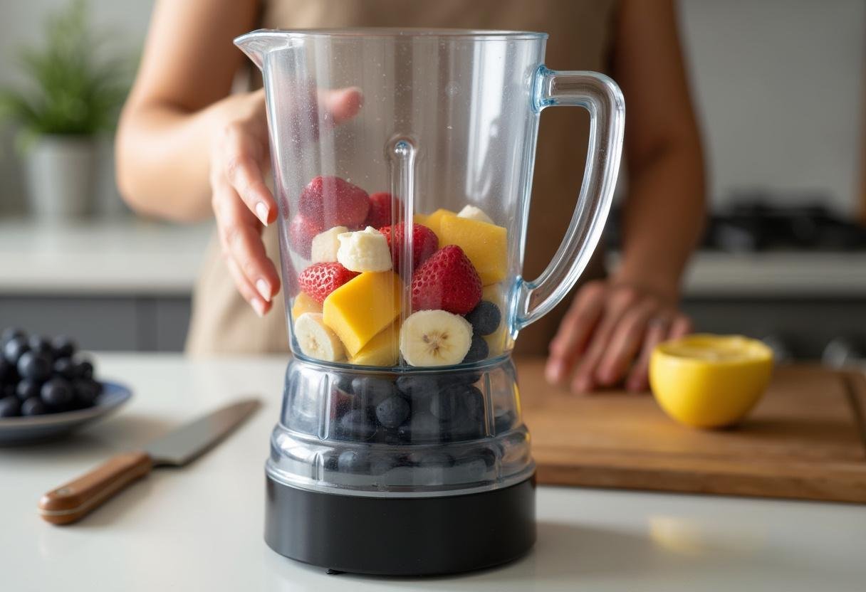 Fresh fruits being prepared for a Modern Family Fruit Smoothie in a blender.