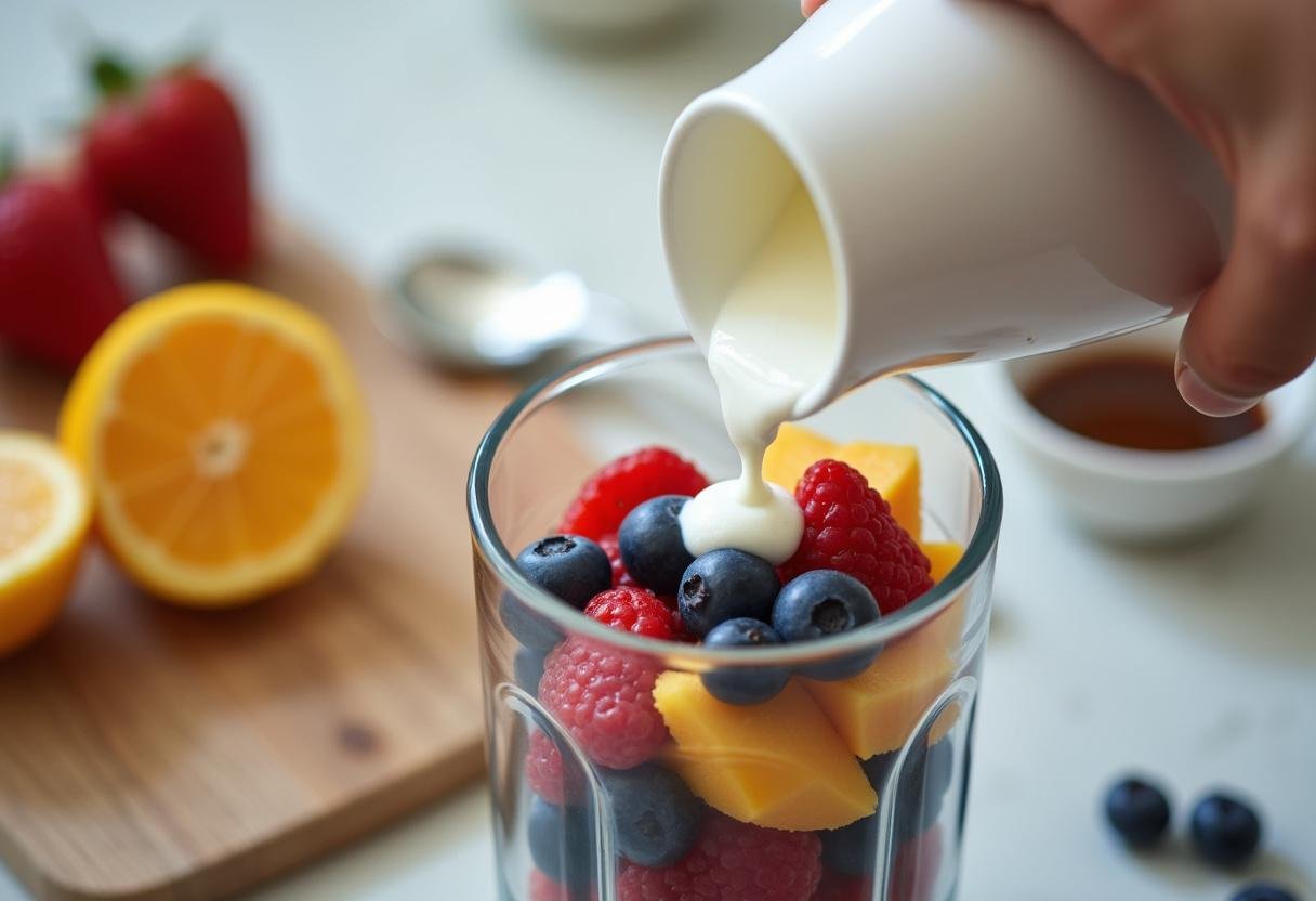 Yogurt being poured into the blender for making a delicious Modern Family Fruit Smoothie.
