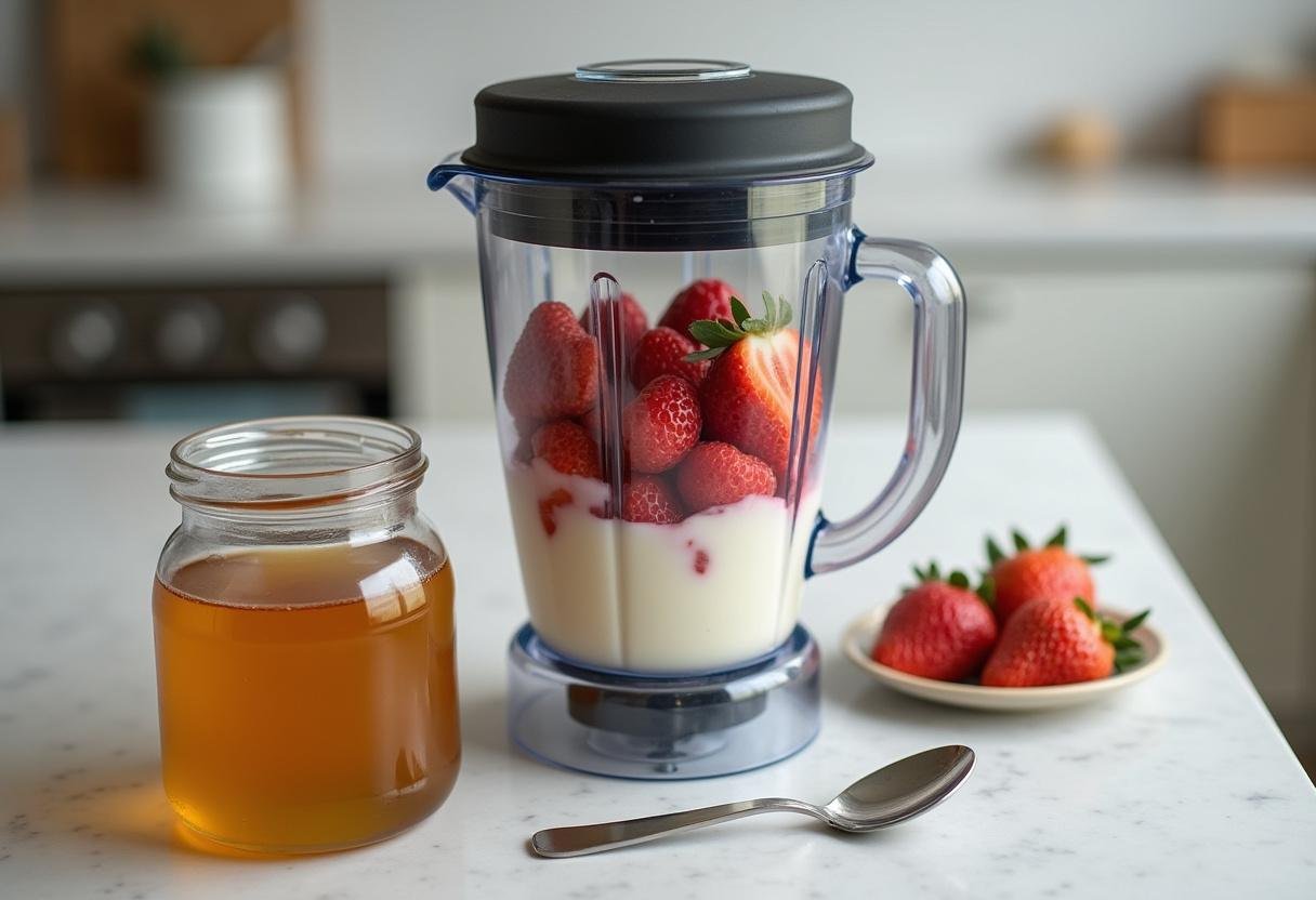 Honey ready to be added to the blender while preparing Modern Family Fruit Smoothie.