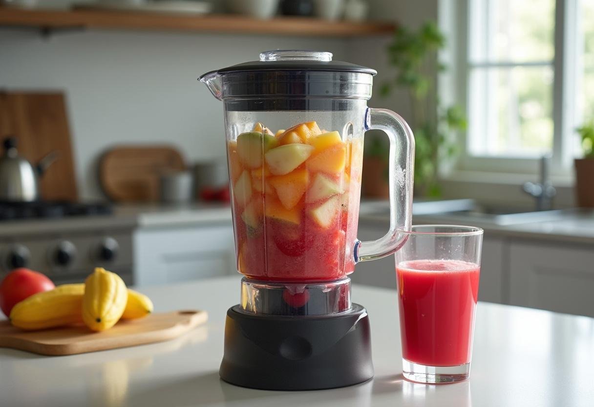 Blending process of the Modern Family Fruit Smoothie in a kitchen setting.