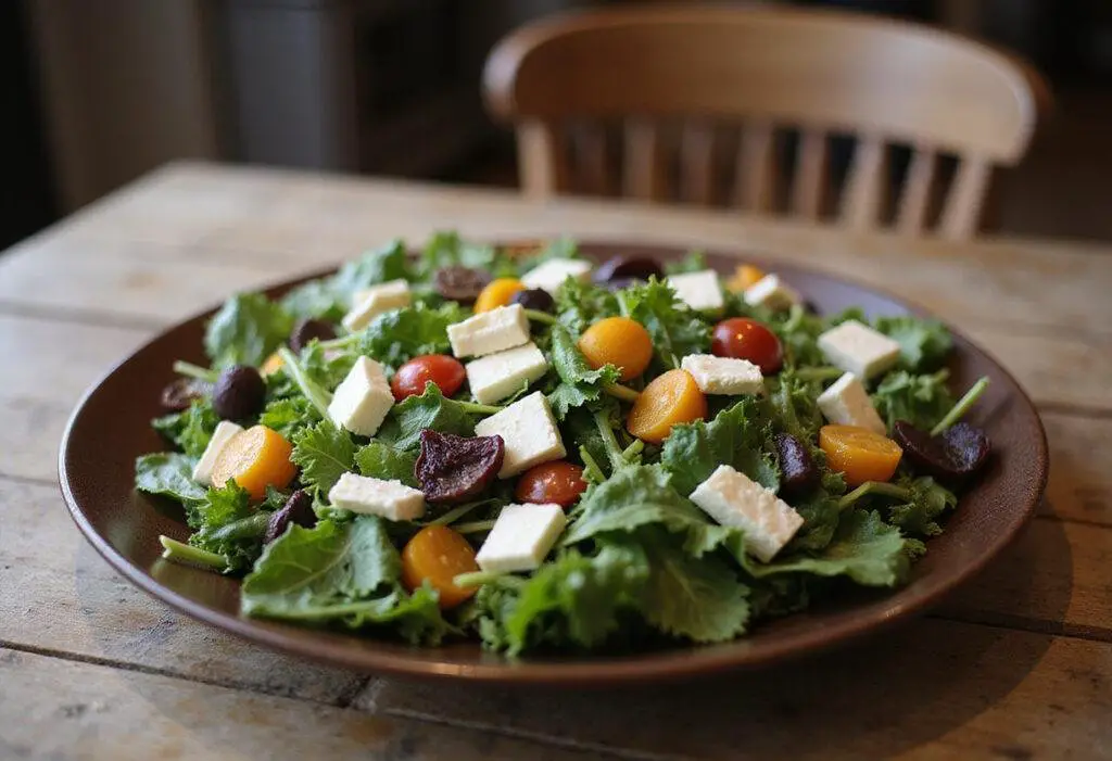 A vibrant and fresh Modern Family Garden Salad showcased on a rustic wooden table, perfect for family gatherings and healthy dining.