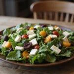 A vibrant and fresh Modern Family Garden Salad showcased on a rustic wooden table, perfect for family gatherings and healthy dining.