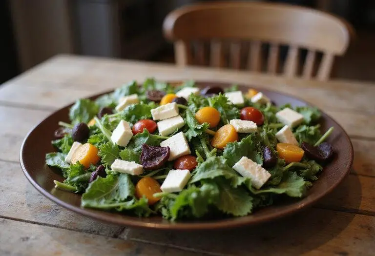 A vibrant and fresh Modern Family Garden Salad showcased on a rustic wooden table, perfect for family gatherings and healthy dining.