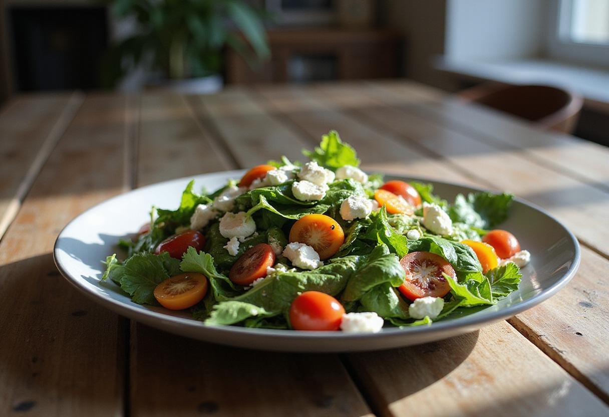 A vibrant and fresh Modern Family Garden Salad showcased on a rustic wooden table, perfect for family gatherings and healthy dining.
