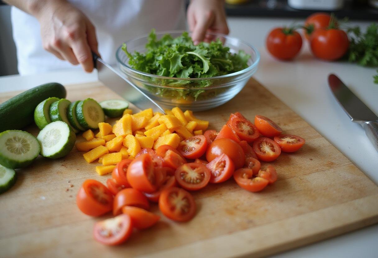 Fresh vegetables for Modern Family Garden Salad, including cucumbers, cherry tomatoes, and bell peppers, being chopped on a wooden board.