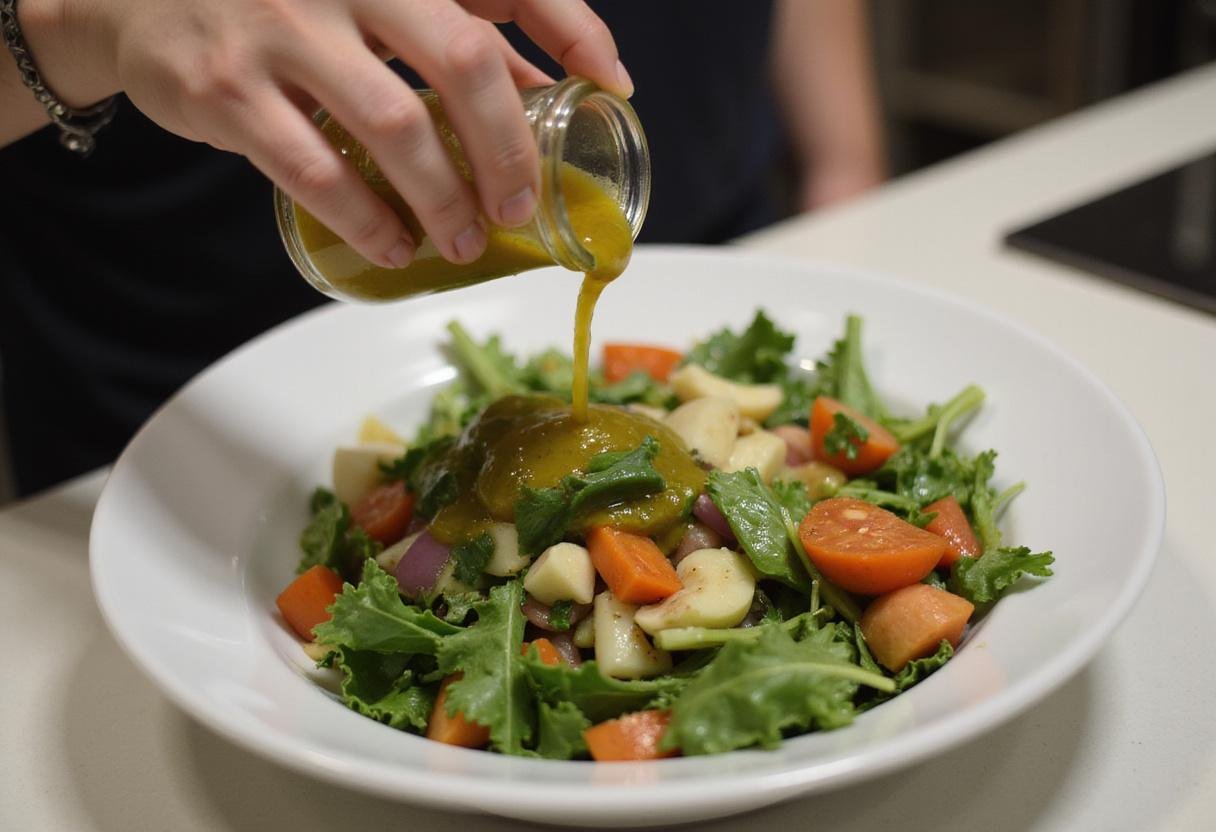 Drizzling homemade vinaigrette dressing over a vibrant Modern Family Garden Salad, showcasing fresh vegetables and mixed greens.