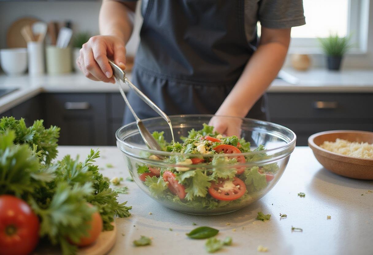 Tossing the Modern Family Garden Salad in a glass bowl, beautifully combining fresh ingredients and dressing for a colorful dish.