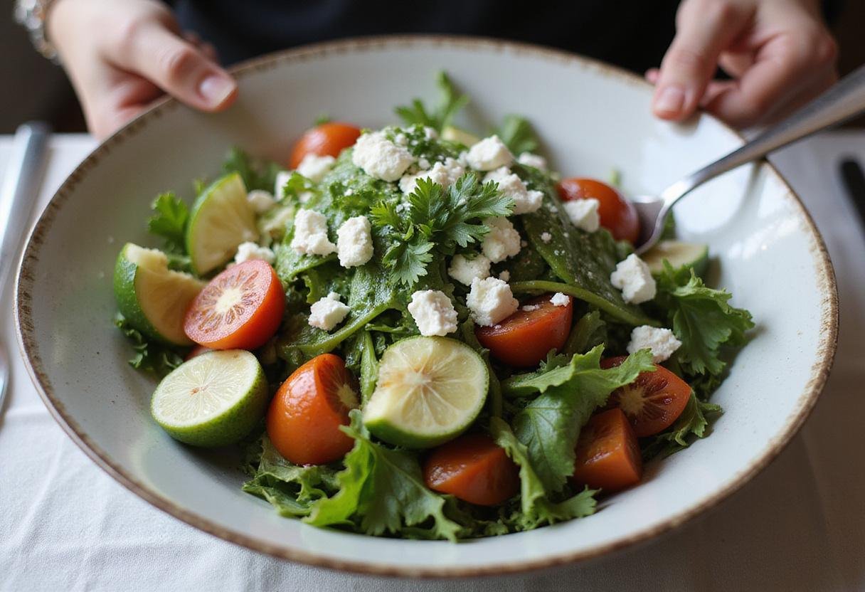 A beautifully plated Modern Family Garden Salad with fresh herbs and feta cheese, ready to be enjoyed at the dining table.
