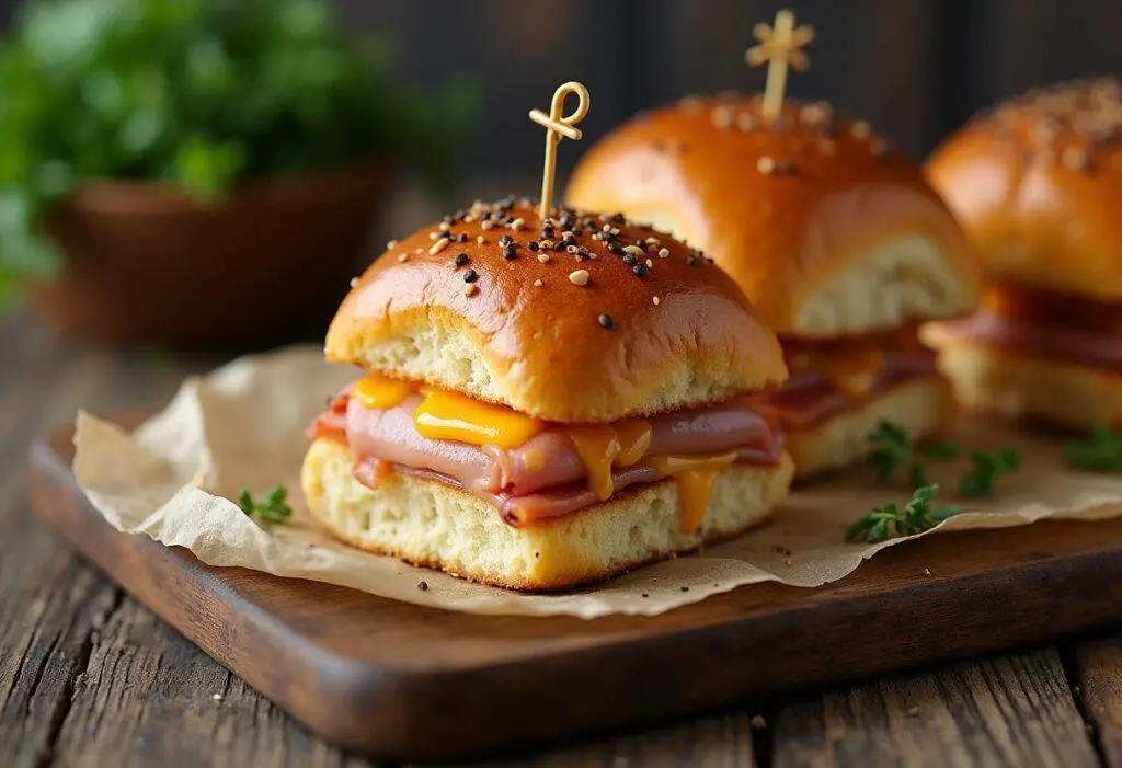 Deliciously baked Modern Family Ham and Cheese Sliders, perfectly melted and ready for serving, showcasing an appetizing presentation.