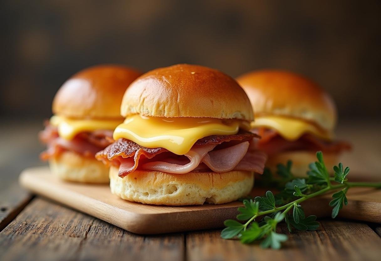 Deliciously baked Modern Family Ham and Cheese Sliders, perfectly melted and ready for serving, showcasing an appetizing presentation.