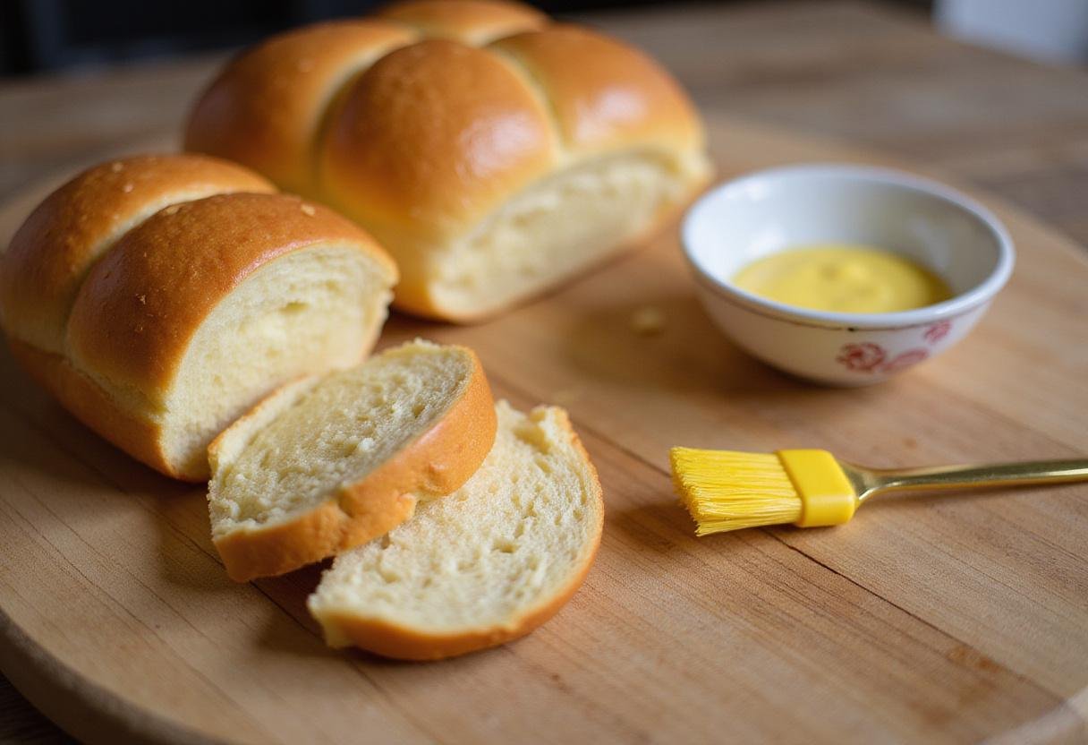 Preparing brioche rolls for Modern Family Ham and Cheese Sliders with melted butter for a golden crust.