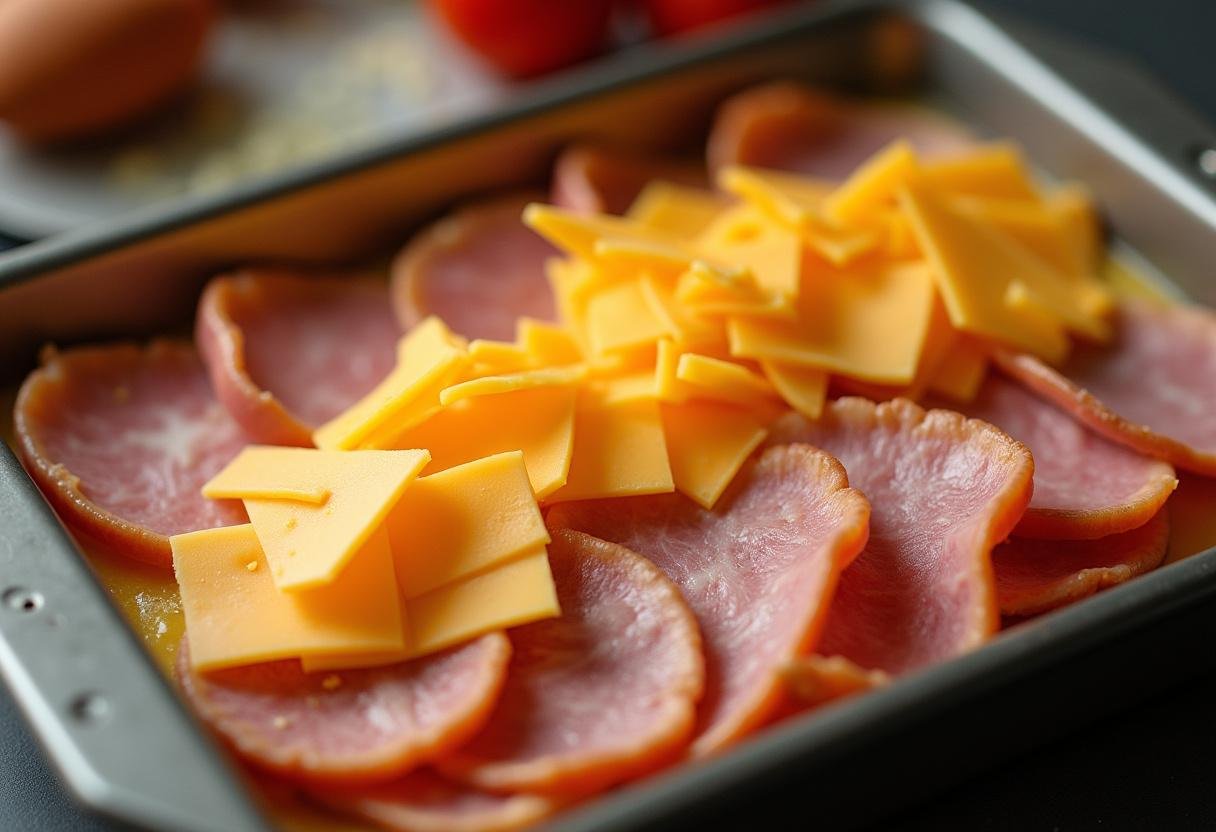 Layering ham and cheese for Modern Family Ham and Cheese Sliders to build a delicious flavor profile.