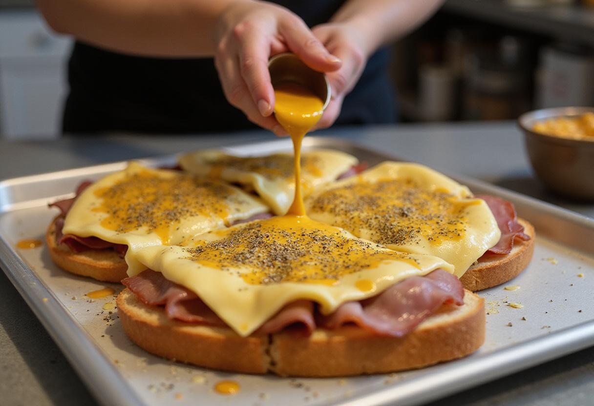 Adding a flavorful sauce to Modern Family Ham and Cheese Sliders for an extra kick in every bite.