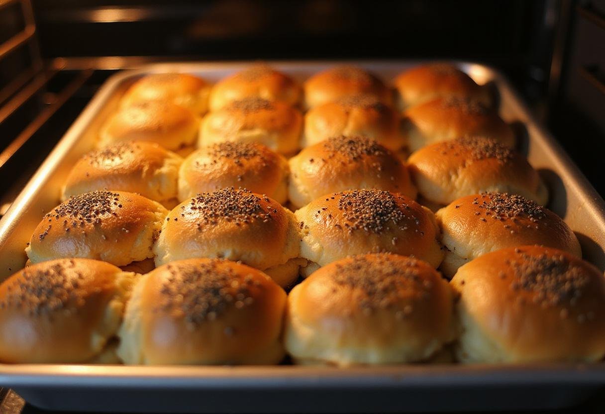 Assembling Modern Family Ham and Cheese Sliders in a baking dish, showcasing their delicious layers before baking.