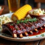 Final presentation of Modern Family Jay’s BBQ Ribs, showcasing the delicious plate with sides of coleslaw and corn, perfect for a family meal.