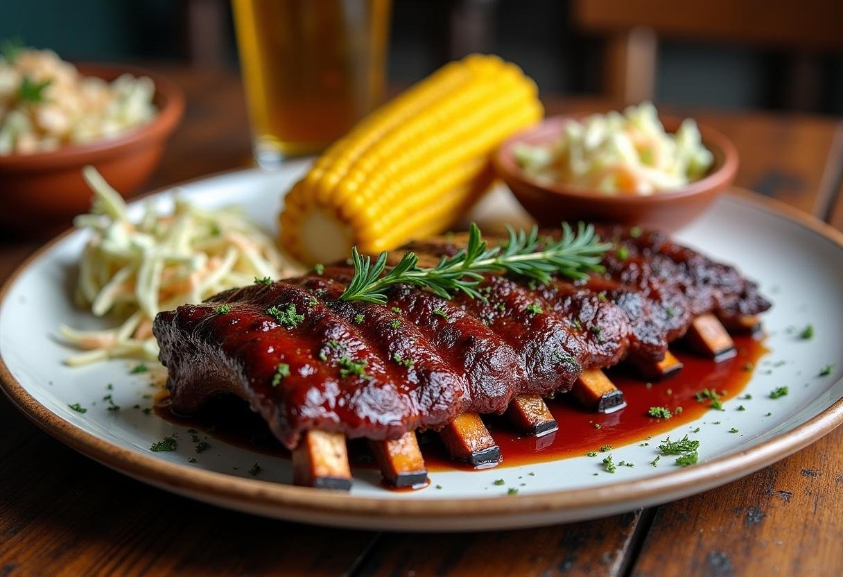 Final presentation of Modern Family Jay’s BBQ Ribs, showcasing the delicious plate with sides of coleslaw and corn, perfect for a family meal.