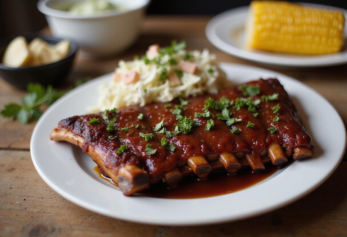 Final presentation of Modern Family Jay’s BBQ Ribs, showcasing the delicious plate with sides of coleslaw and corn, perfect for a family meal.