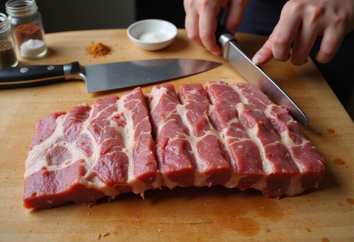 Fresh pork ribs being trimmed for Modern Family Jay’s BBQ Ribs, showcasing preparation with spices and a chef's knife.