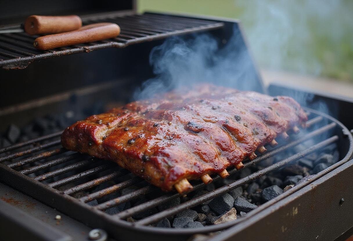 Grilling marinated pork ribs for Modern Family Jay’s BBQ Ribs, with smoke and outdoor barbecue ambiance enhancing the cooking experience.