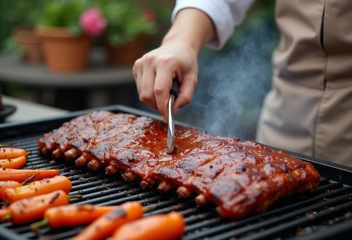Glazing pork ribs for Modern Family Jay’s BBQ Ribs on the grill, highlighting the finishing touches with vibrant grilled vegetables.
