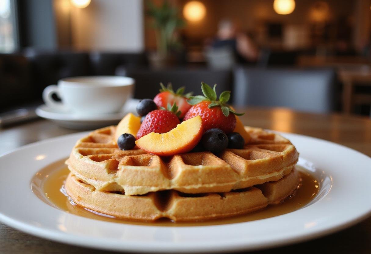 Delicious Modern Family Phil's Waffles served with fresh fruits and syrup, ready to enjoy.