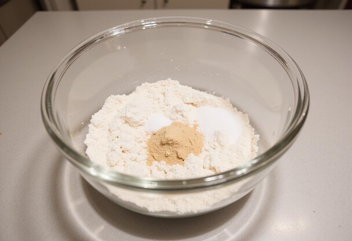 Ingredients for Modern Family Phil's Waffles including flour, sugar, baking powder, and salt on a kitchen countertop.