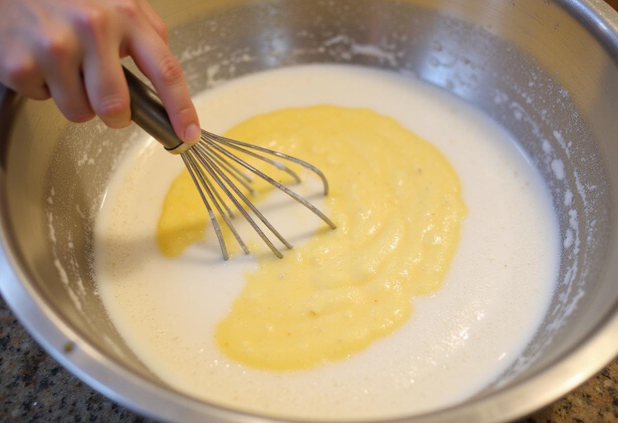 Whisking eggs and milk to create a rich batter for Modern Family Phil's Waffles.