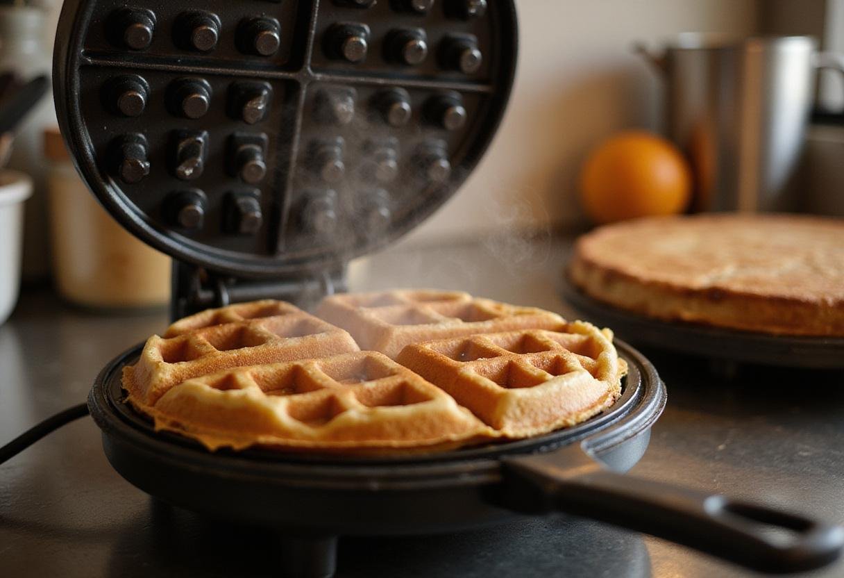 Waffle iron filled with batter, preparing Modern Family Phil's Waffles in a cozy kitchen.