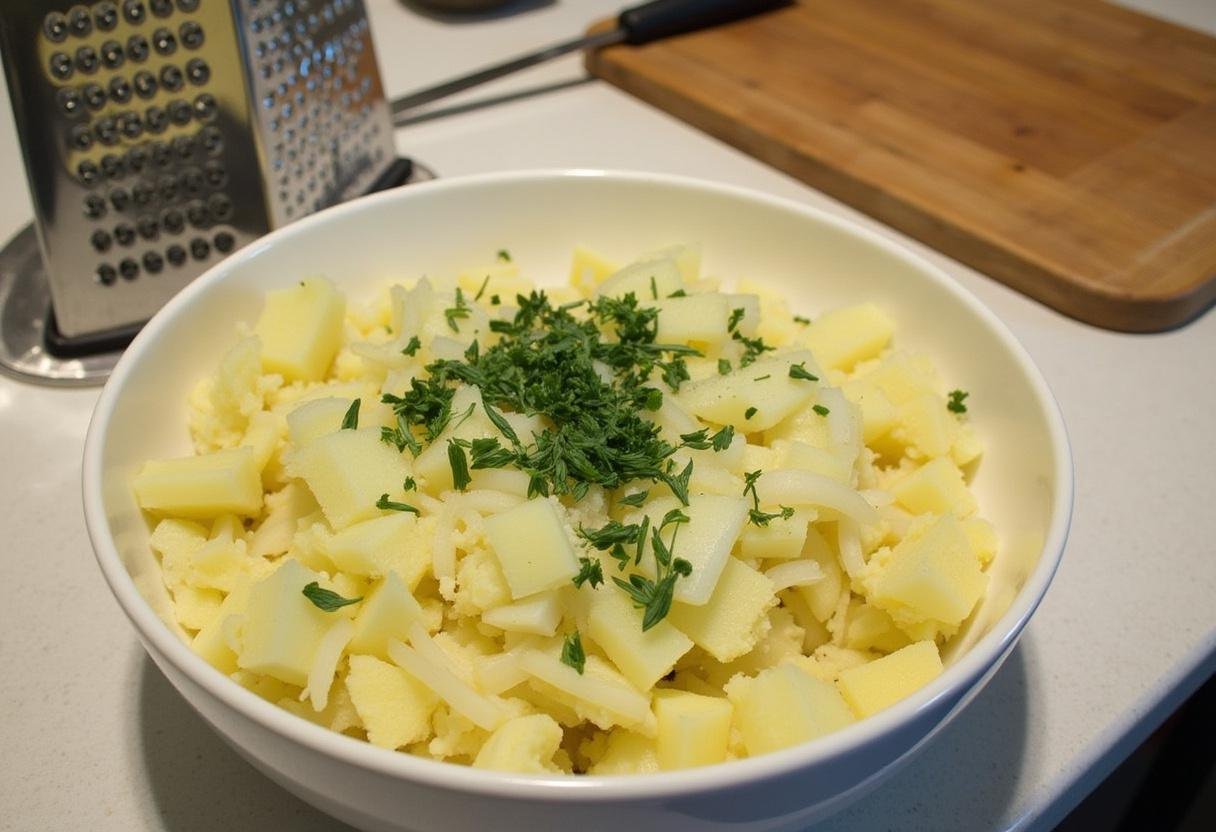 Grated potatoes and onions mixed for Modern Family Tater Tots preparation.