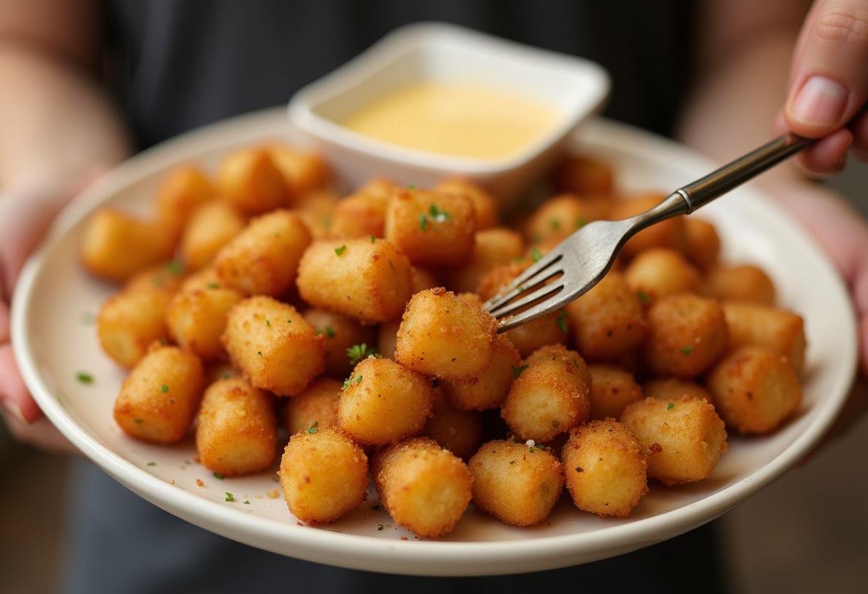 Seasoned Modern Family Tater Tots ready to be served with dipping sauce.