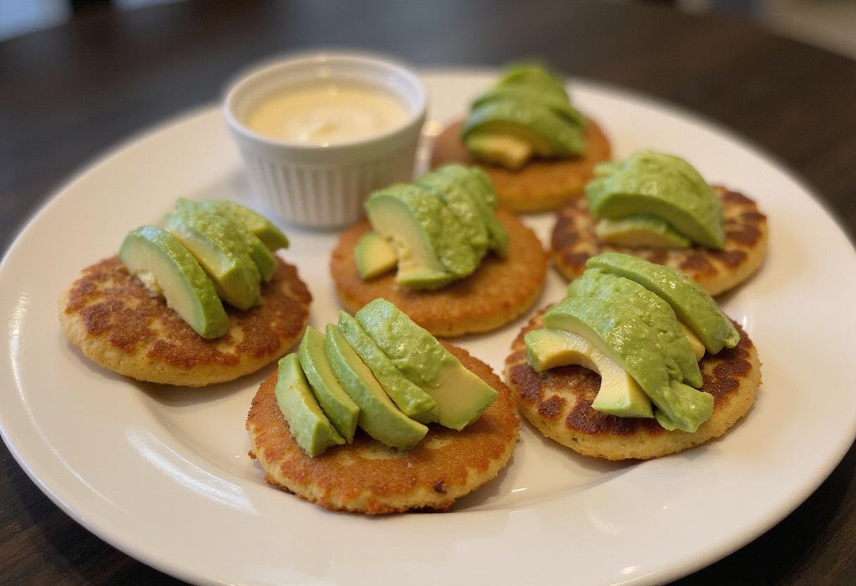 Serving Colombian Arepas on a plate, topped with fresh ingredients, exemplifying a delicious Colombian culinary experience.
