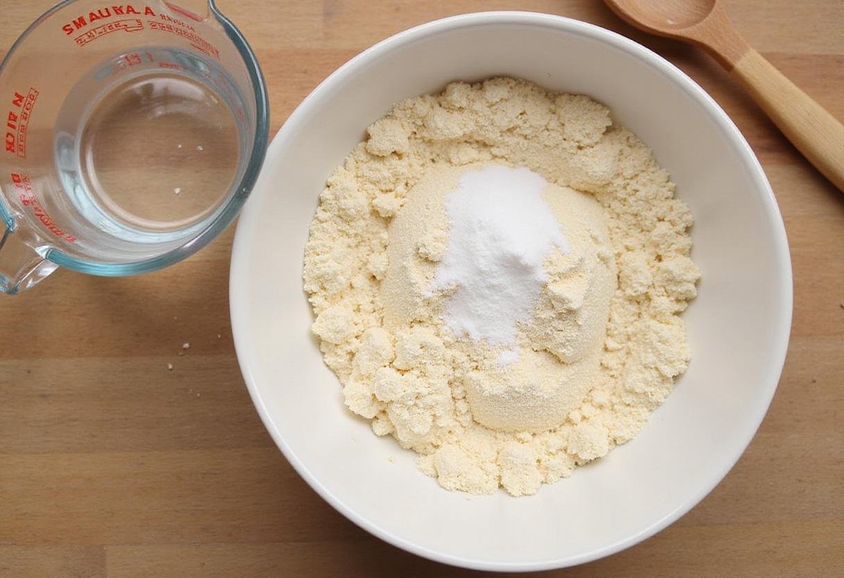 Mixing ingredients for Colombian Arepas with cornmeal, warm water, and salt, preparing for a delicious recipe.